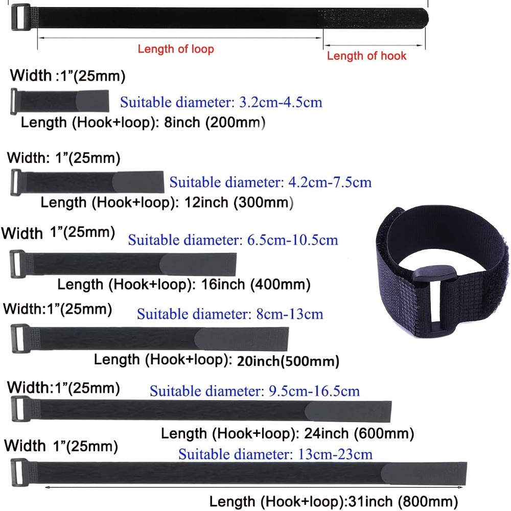 Adjustable Hook-and-Loop Cable Ties, 50 Black Straps with Buckles in 20 x 200 mm Size Pictured