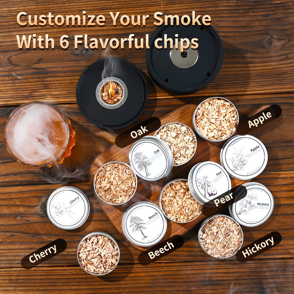 Rechargeable Electric Cocktail Smoker Kit with Six Wood-Chip Tins, Glass-Top Smoker Cap and Accessories