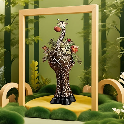 Giraffe-Shaped Decorative Planter with Pictured Long-Neck Body, Open Back Pot and Dark Base