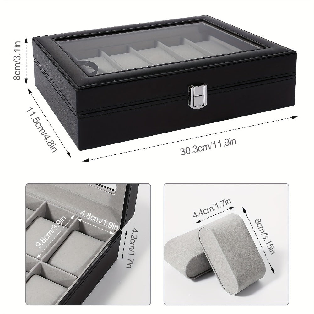 Black and Gray 12-Slot Watch Box with Glass Display Lid, Removable Pillows and Metal Clasp