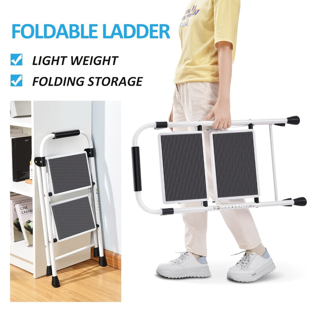 Two-Step Folding Step Ladder in White or Red with Wide Tread Platforms and Curved Safety Handle