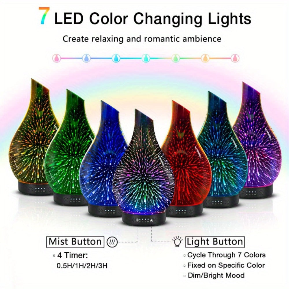 120ml Glass Essential Oil Diffuser with Teardrop Body, Four Timer Labels, Seven-Color Light and Oil Bundle