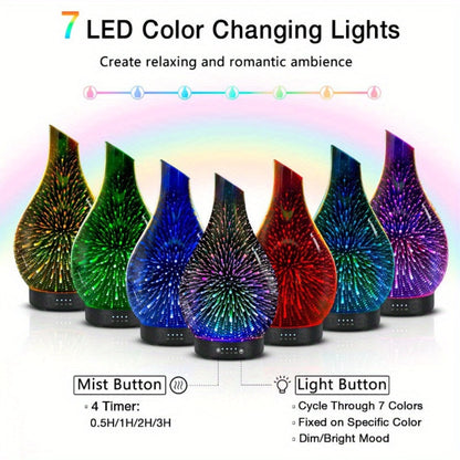 120ml Glass Essential Oil Diffuser with Teardrop Body, Four Timer Labels, Seven-Color Light and Oil Bundle