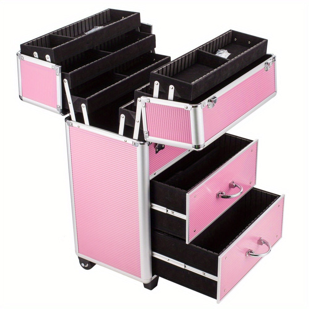 Pink Four-Tier Rolling Makeup Train Case with Fold-Out Top Trays, Two Drawers and Telescoping Handle