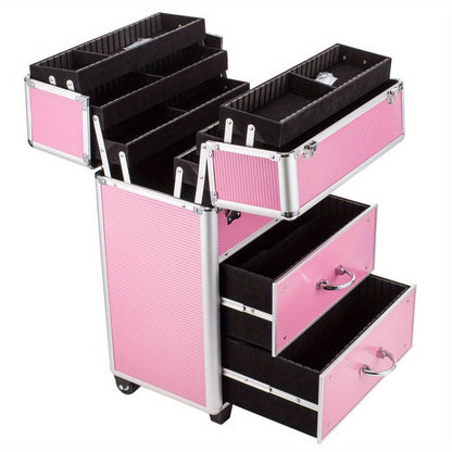 Pink Four-Tier Rolling Makeup Train Case with Fold-Out Top Trays, Two Drawers and Telescoping Handle