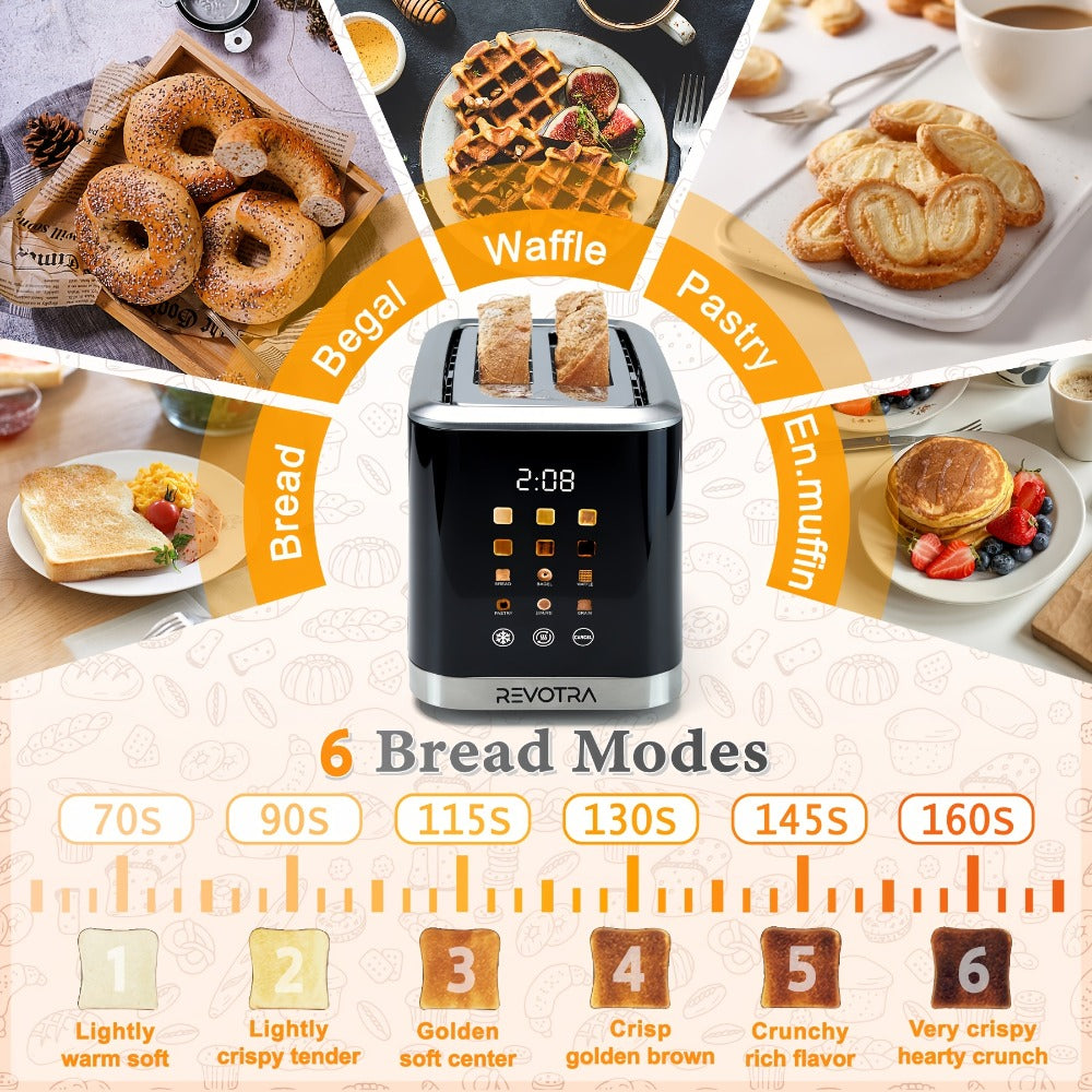 Black Two-Slice Toaster with LED Touch Panel, Six Bread Modes, Six Shade Settings and Removable Crumb Tray