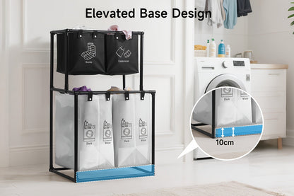 Two-Tier Laundry Sorter Hamper with Upper Compartments, Four Removable Lower Bags and Elevated Frame