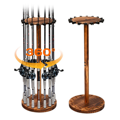 Fishing Rod Rack Holds 16 Rods - Circular Wooden Pole Holder with 360° Rotating Base Option - Space-Saving Wall-Free Fishing Rod Organizer for Garage, Basement & Home Storage
