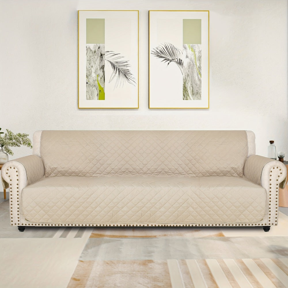 Sofa Cover Five-Layer Quilted Microfiber Protector with Elastic Strap and Foam Anchors for 3 or 4 Seats