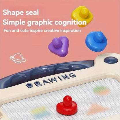 Kids Magnetic Drawing Board with Four Shape Stamps, Slide Eraser, Folding Legs and Blue, Green or Pink Options