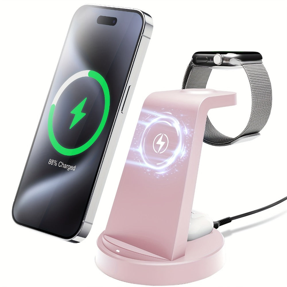 3-in-1 Wireless Charging Dock Multi-Color Fast Charge for iPhone 17 16 15 14 13 12 11 Pro Max, Apple Watch Ultra 2 Series 10 9 8 7 6 SE, AirPods 4 3 2 Pro & Samsung Galaxy – Black Blue Pink U1 U2