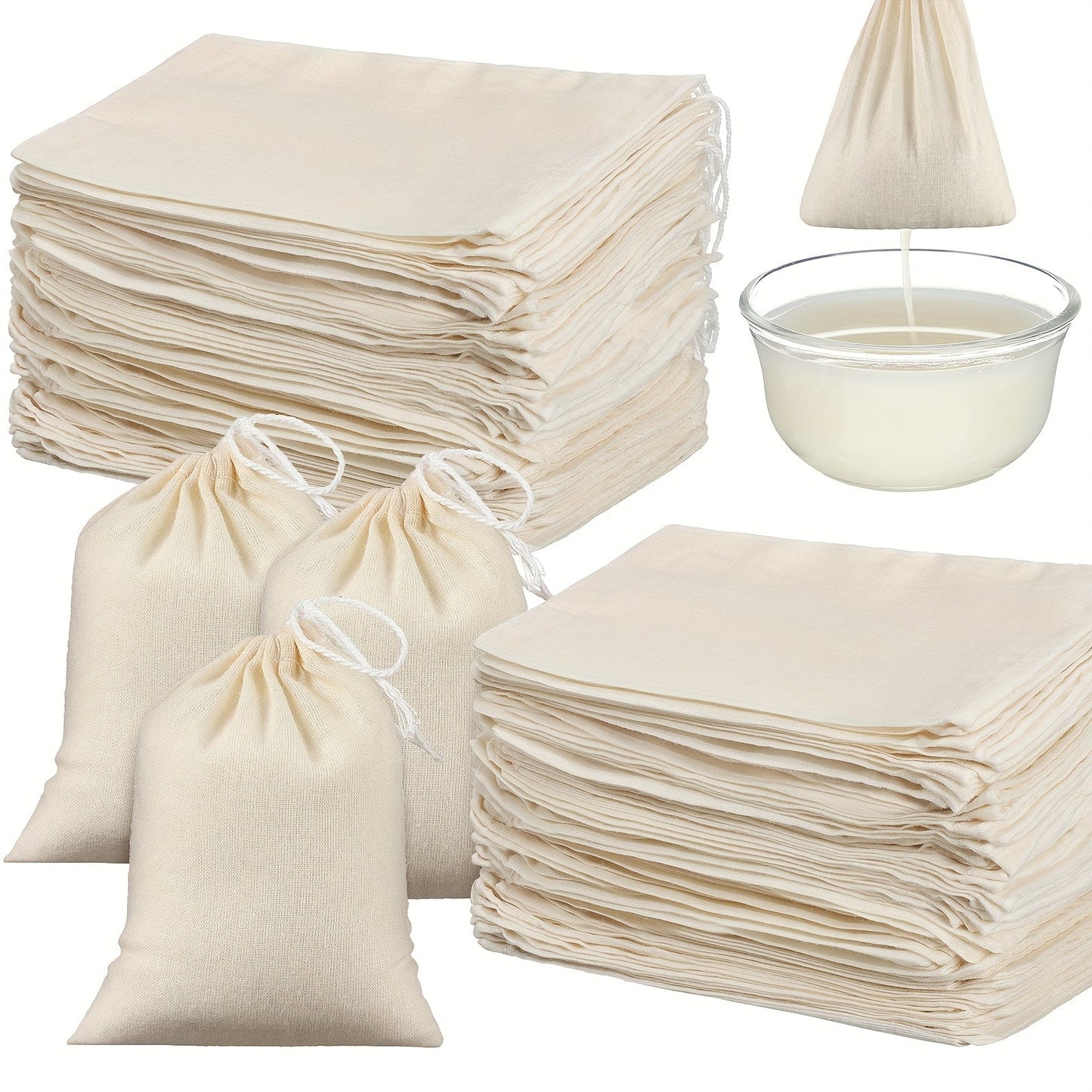 Cheesecloth Bags for Straining 100 Pack – Reusable Muslin Tea Filter Bags for Cold Brew, Milk Tea, Nut Milk & Cooking, 4x6 Inch Drawstring Cotton Bags, Food-Grade Unbleached
