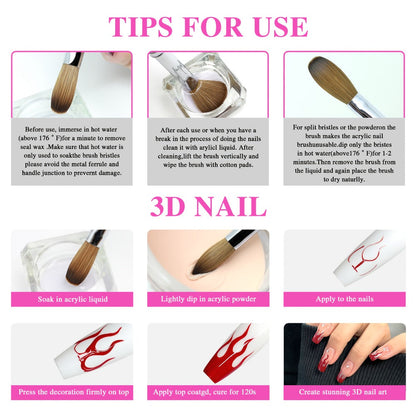 Rose-Red Acrylic Nail Brush with Cap in Exact Checkout Sizes #10, #12 or #14 and Pictured Flat-Shaped Tip