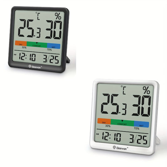 Indoor Thermometer Hygrometer Digital | Accurate Temperature Humidity Monitor with Clock & Calendar | Desktop Room Humidity Gauge for Home Office Bedroom Baby Room