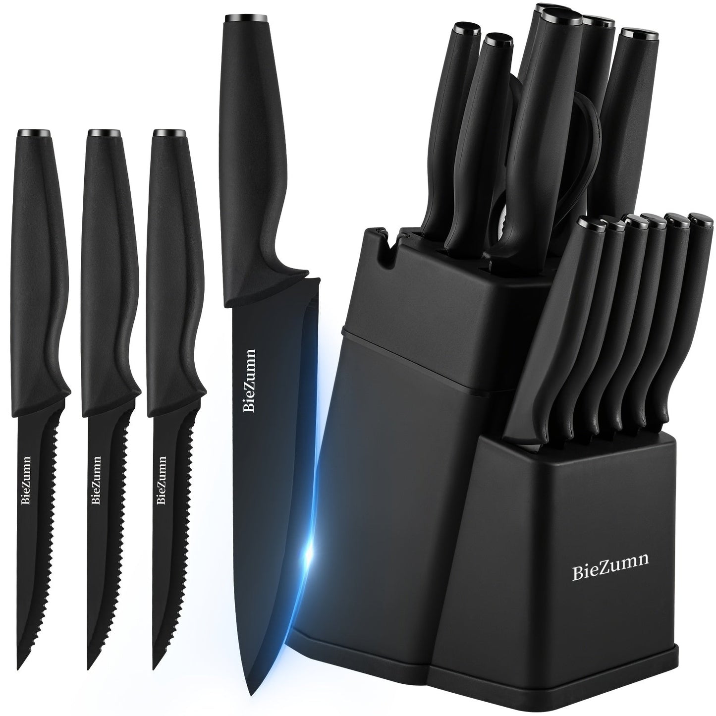 Black Kitchen Knife Set with Three-Piece or 14-Piece Options, Storage Block and Scissors on Larger Package