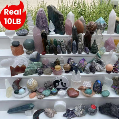 Ten-Pound Mixed Crystal and Gemstone Decorative Collection with Towers, Spheres, Clusters and Rough Stones