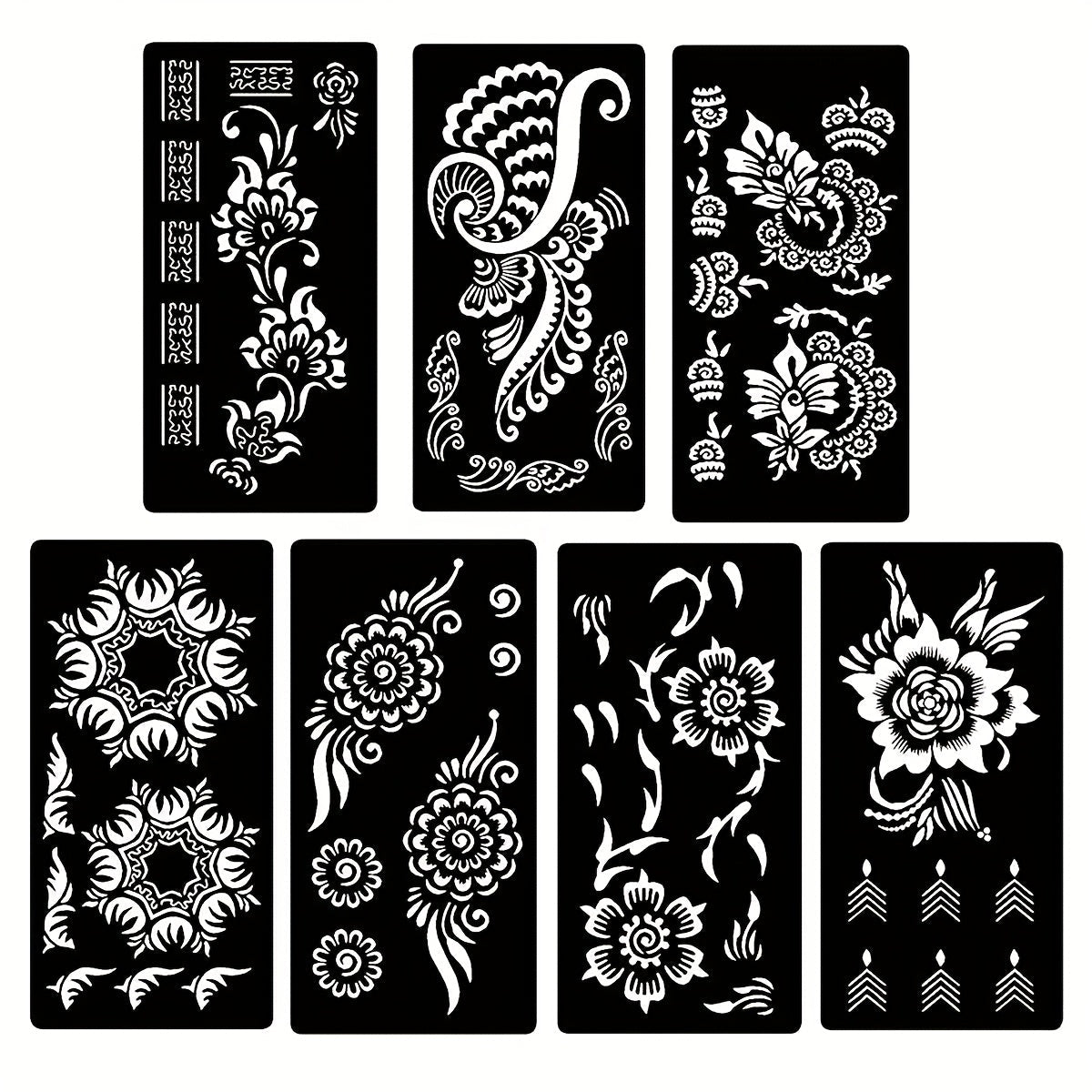Seven-Piece Floral Tattoo Stencil Set with Paisley and Henna-Style Designs in SM031 or SM032