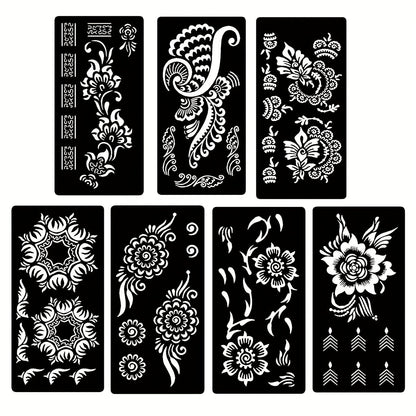 Seven-Piece Floral Tattoo Stencil Set with Paisley and Henna-Style Designs in SM031 or SM032
