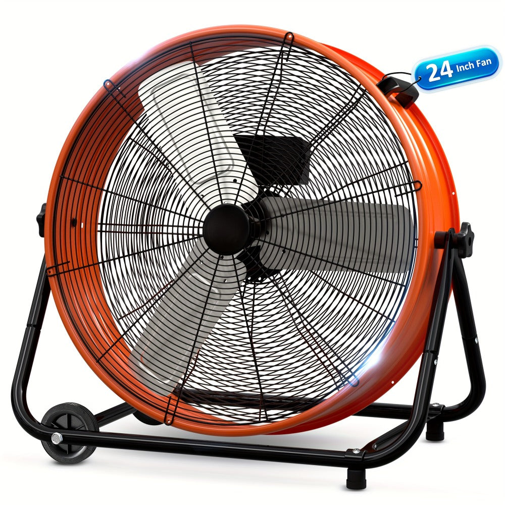 Industrial Drum Floor Fan with Three Speeds, Tilt Frame and 24- or 30-Inch Black, Orange, Green or Yellow Options