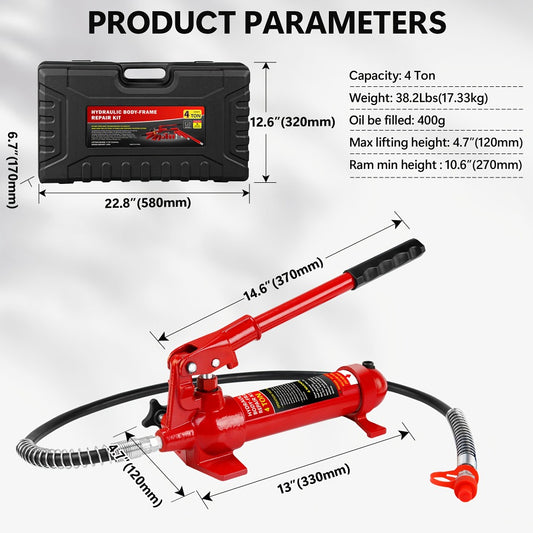 Porta Power Hydraulic Jack Kit 4 / 10 / 20 Ton, High Carbon Steel Body Repair Ram Set for Pulling Pushing Lifting Bending Straightening, Auto Overload Protection, Cars Trucks Farm Equipment, with Case