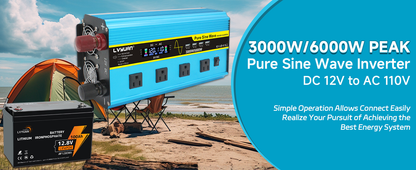 Blue 12V or 24V DC to 110V AC Power Inverter with LCD, Four AC Receptacles and Remote Presentation