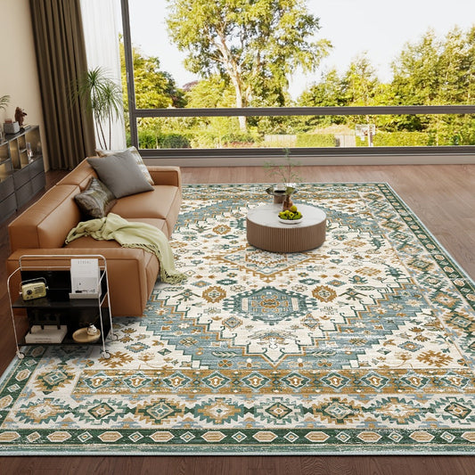 Area Rug Boho Vintage Flat-Woven Design with 16 Colors and Seven Washable Room Size Options