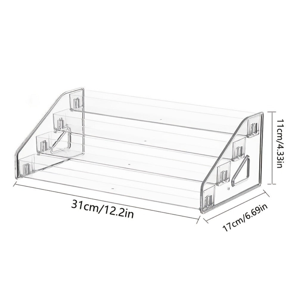 Four-Tier Clear Nail Polish Display Rack with Stepped Shelves and Transparent Checkout Configuration
