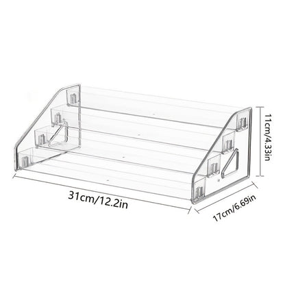 Four-Tier Clear Nail Polish Display Rack with Stepped Shelves and Transparent Checkout Configuration