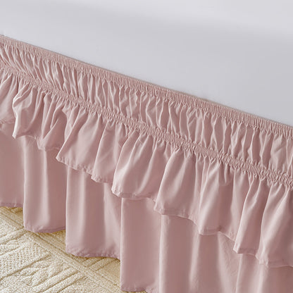 Double Ruffle Bed Skirt 16" Drop | Elastic Wrap Around Dust Ruffle for Twin Full Queen King Bed | Easy Install Machine Washable Soft Linen Poly Blend Bedskirt