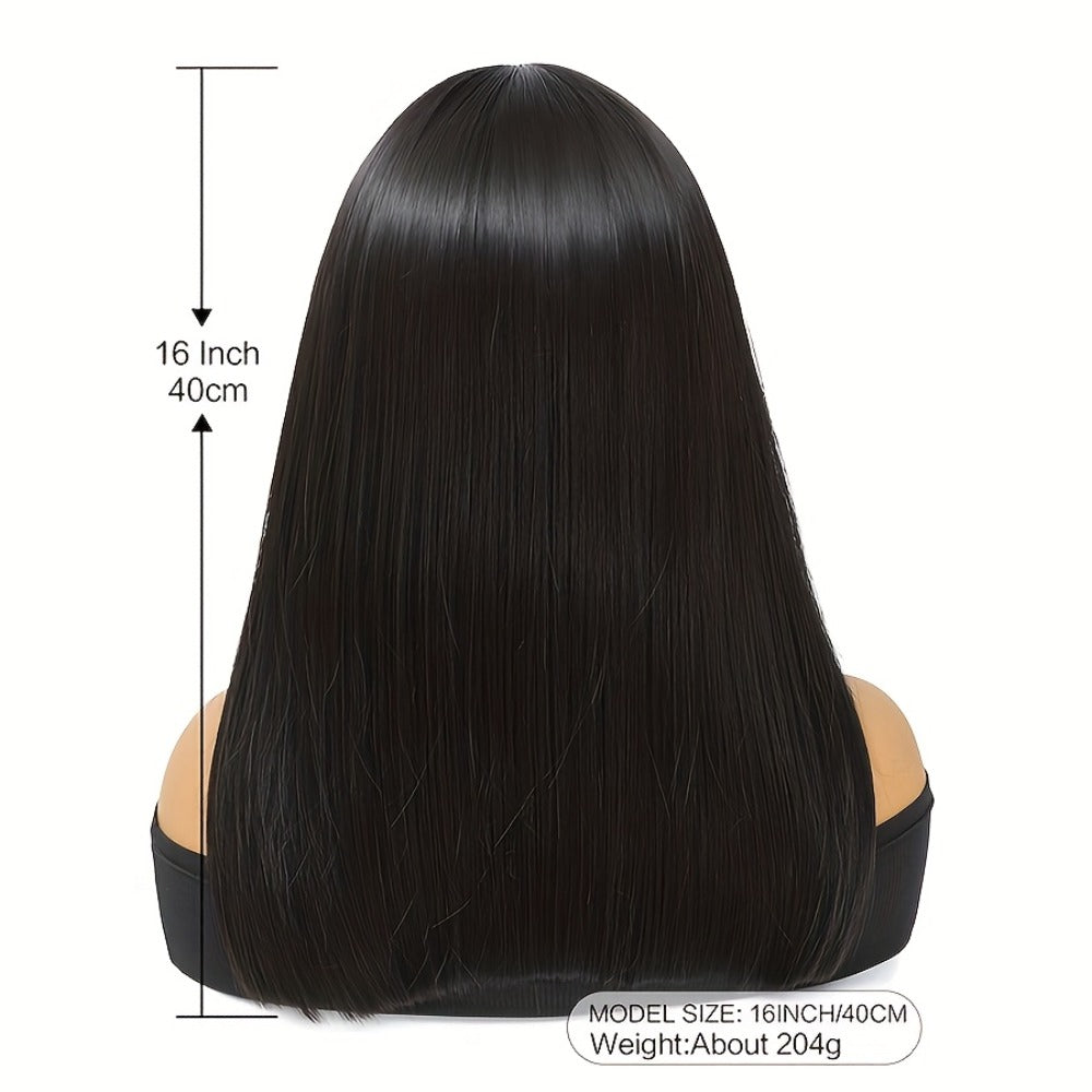 Straight Bob Wig with Bangs Heat Resistant Synthetic Hair 180% Density Blunt Cut Black Rose Net Cap Women Business Office Party Daily Wear 16 Inch