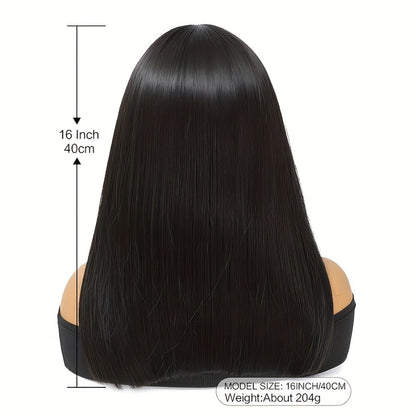 Straight Bob Wig with Bangs Heat Resistant Synthetic Hair 180% Density Blunt Cut Black Rose Net Cap Women Business Office Party Daily Wear 16 Inch