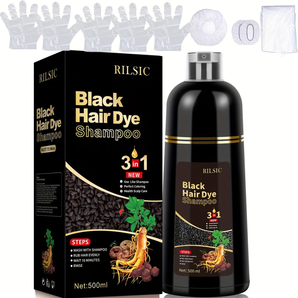 Grey Hair Dye Shampoo 3-in-1 Natural Plant-Based Herbal Formula — Non-Stick Scalp, Covers White Hair in Minutes, 500ml — Black, Dark Brown, Chestnut Brown for Men & Women