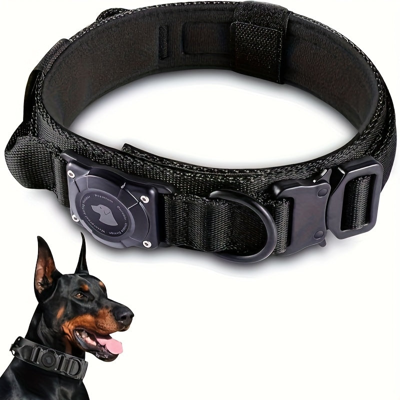 Tactical Dog Collar with Handle and Round Tracker Holder Case in Nine Colors and Sizes M to XL