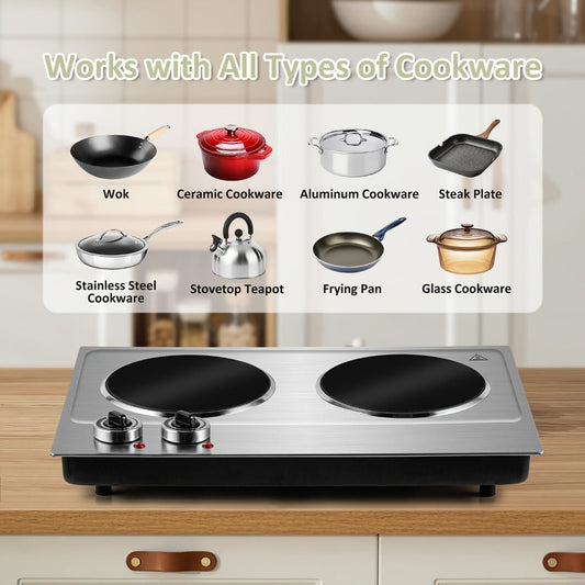 Electric Infrared Cooktop Double Burner Hot Plate, 1800W Portable Dual Temperature Control, Easy-Clean Smooth Surface