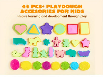 44-Piece Kids Clay Tools Set with Molds, Rolling Pins & Cutters – Non-Toxic Dough Accessories for Toddlers & Preschoolers, Easy-Grip Handles, Party Favor, Birthday Christmas Gift