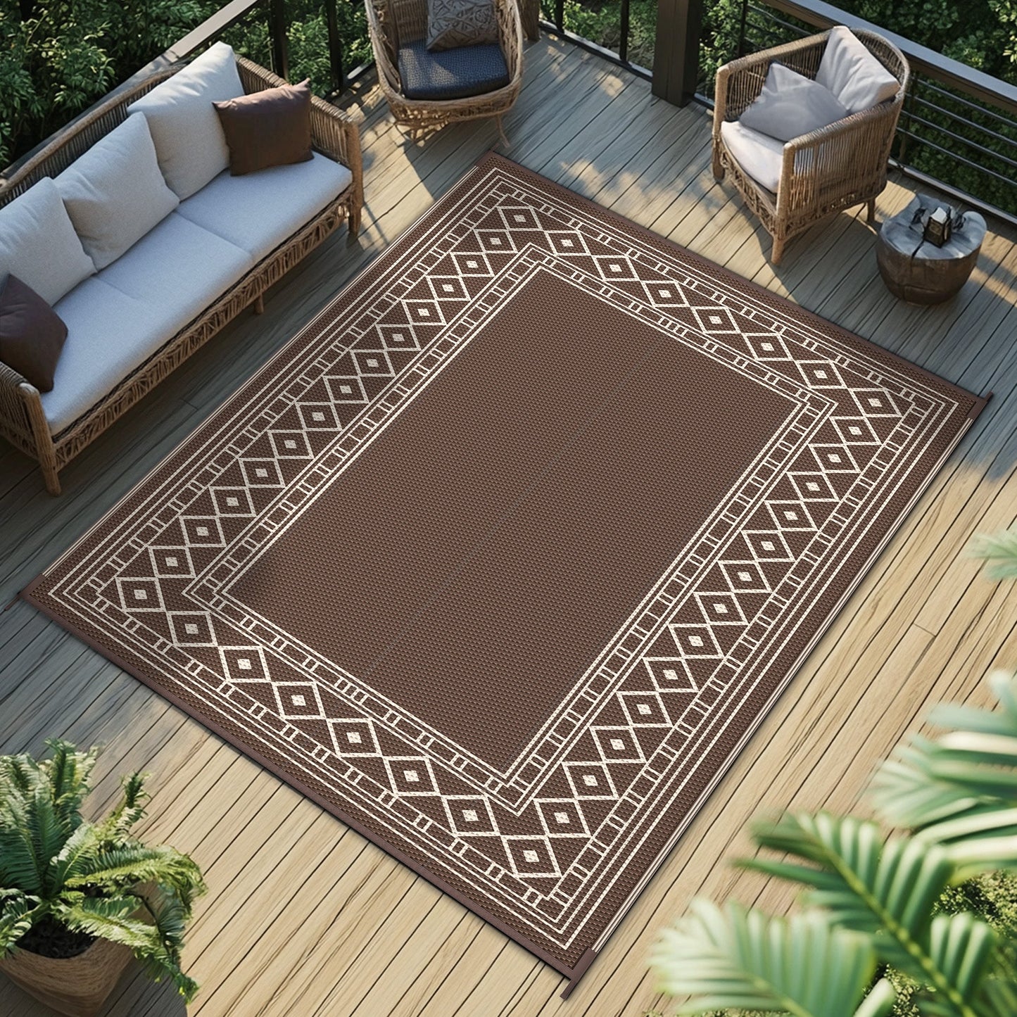 Reversible Outdoor Rug in Multiple Geometric, Border and Leaf Patterns with Displayed Sizes from 5 x 8 to 9 x 12 Feet