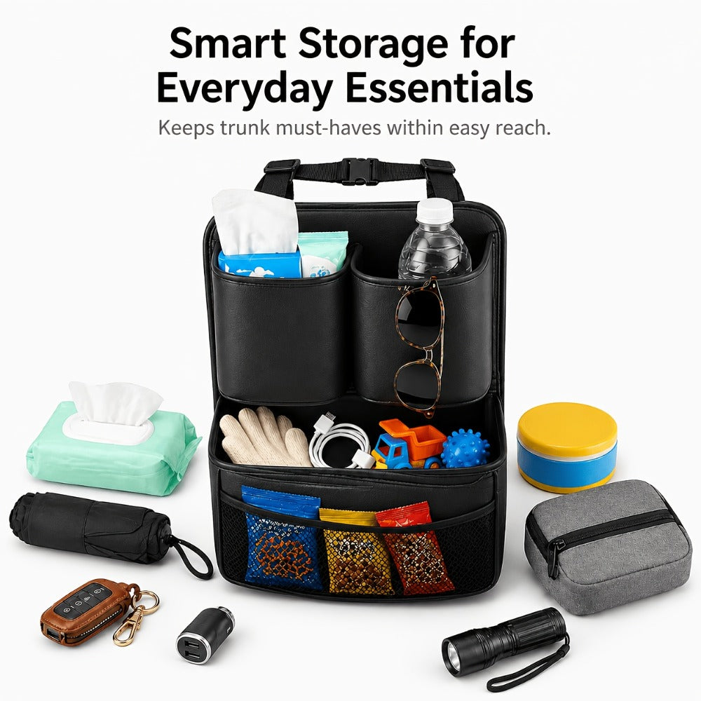 Car Trunk Organizer, Foldable PU Leather Multi-Pocket Bag with Bottle Slots, Adjustable Straps and 1- or 3-Piece Options