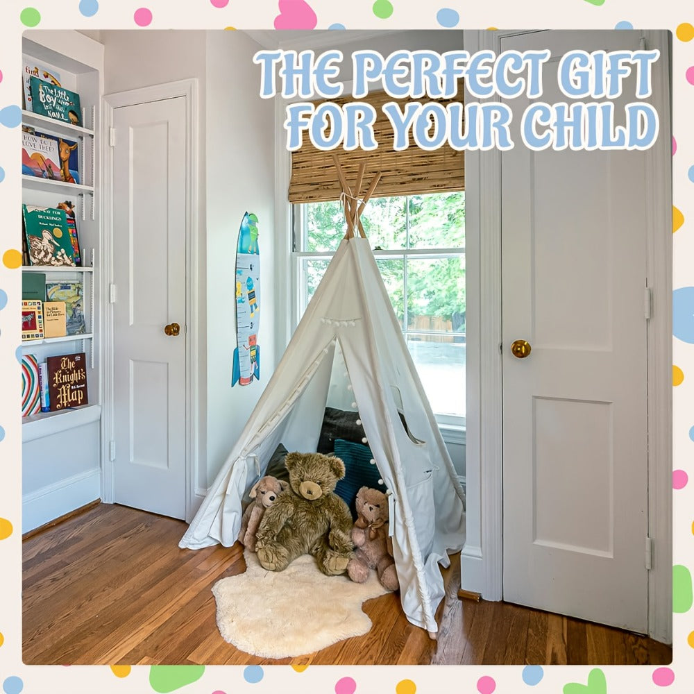 Kids Teepee Play Tent with 140 x 120cm Frame, White, Blue, Pink or Star Fabric Options and No Sitting Mat