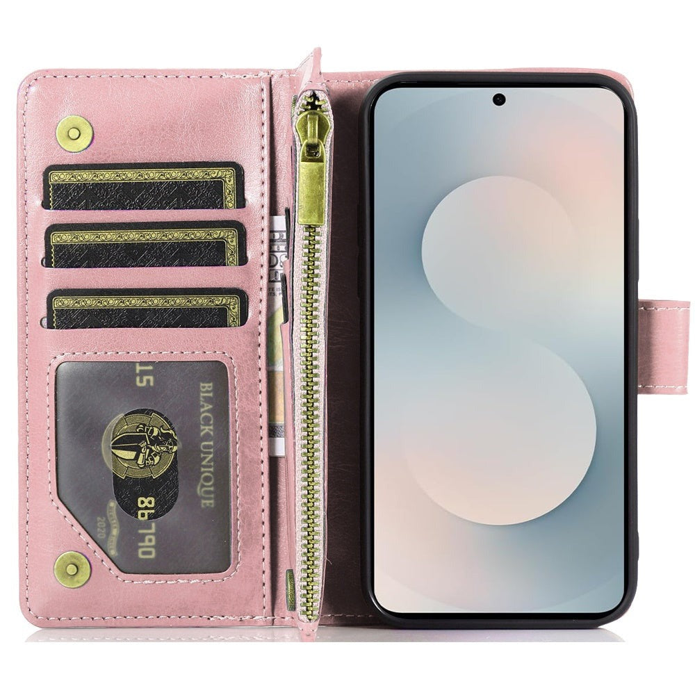 Phone Case Faux Leather Folio Wallet with Card Slots, ID Window and Zipper Pocket for Samsung Galaxy S25 FE