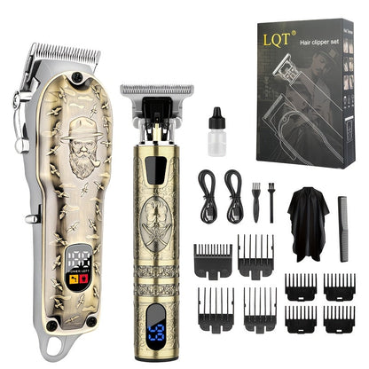 Electric Hair Clipper Set for Men - LQT USB Rechargeable 2000mAh with Engraving Scissors Metal Digital Display Cordless Barber Kit 2 3 4 Piece Home Salon Bronze Gift
