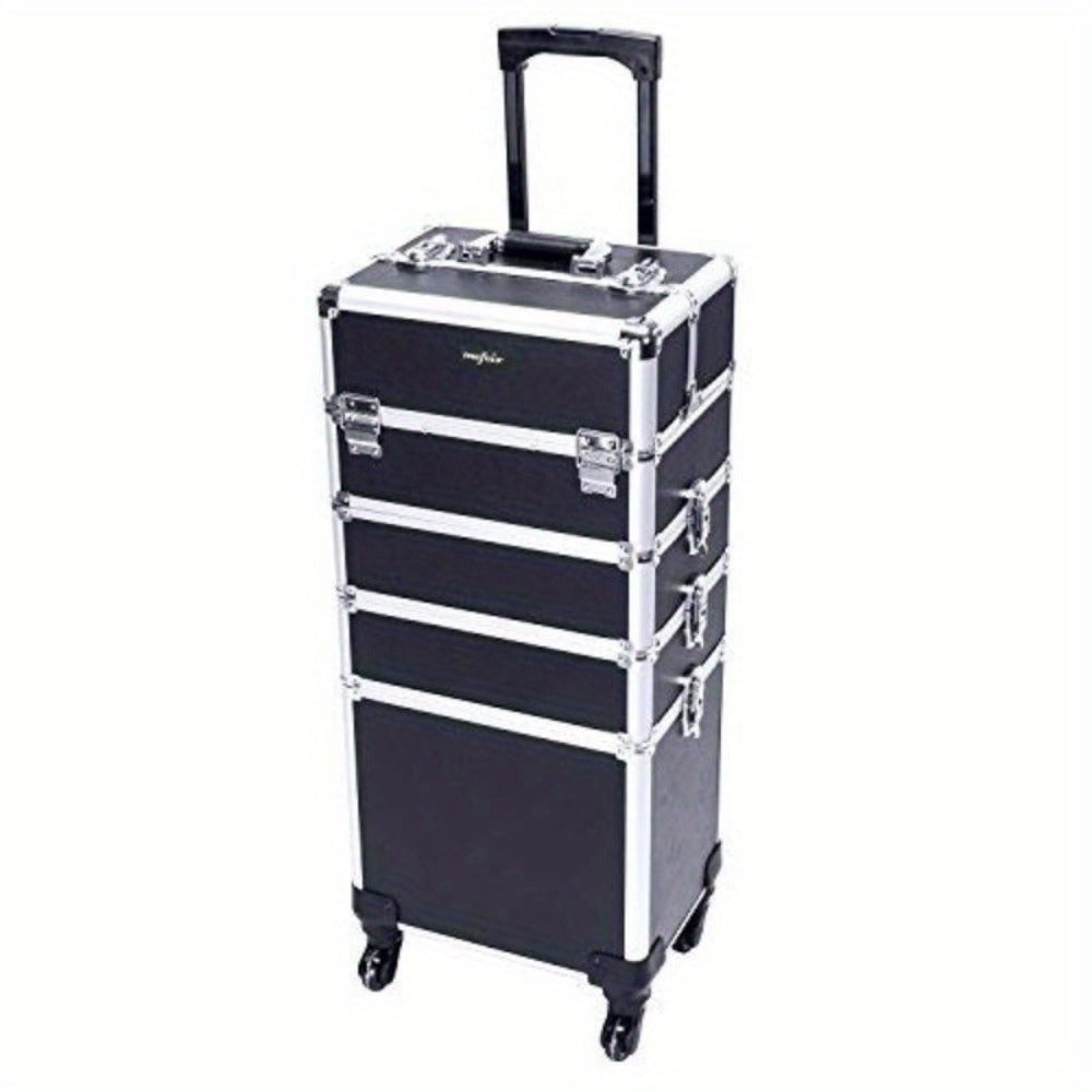 Four-Section Rolling Makeup Train Case with Removable Stack, Telescoping Handle and Four Color Finishes