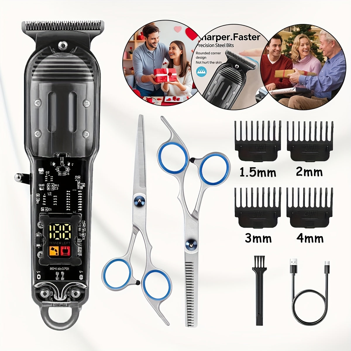 Professional Hair Cutting Kit for Men - Transparent USB Rechargeable Hair Clipper with LCD Display, T-Blade Trimmer, Electric Shaver, 4 Guide Combs & Cleaning Brush - Home Barber Grooming Gift Set