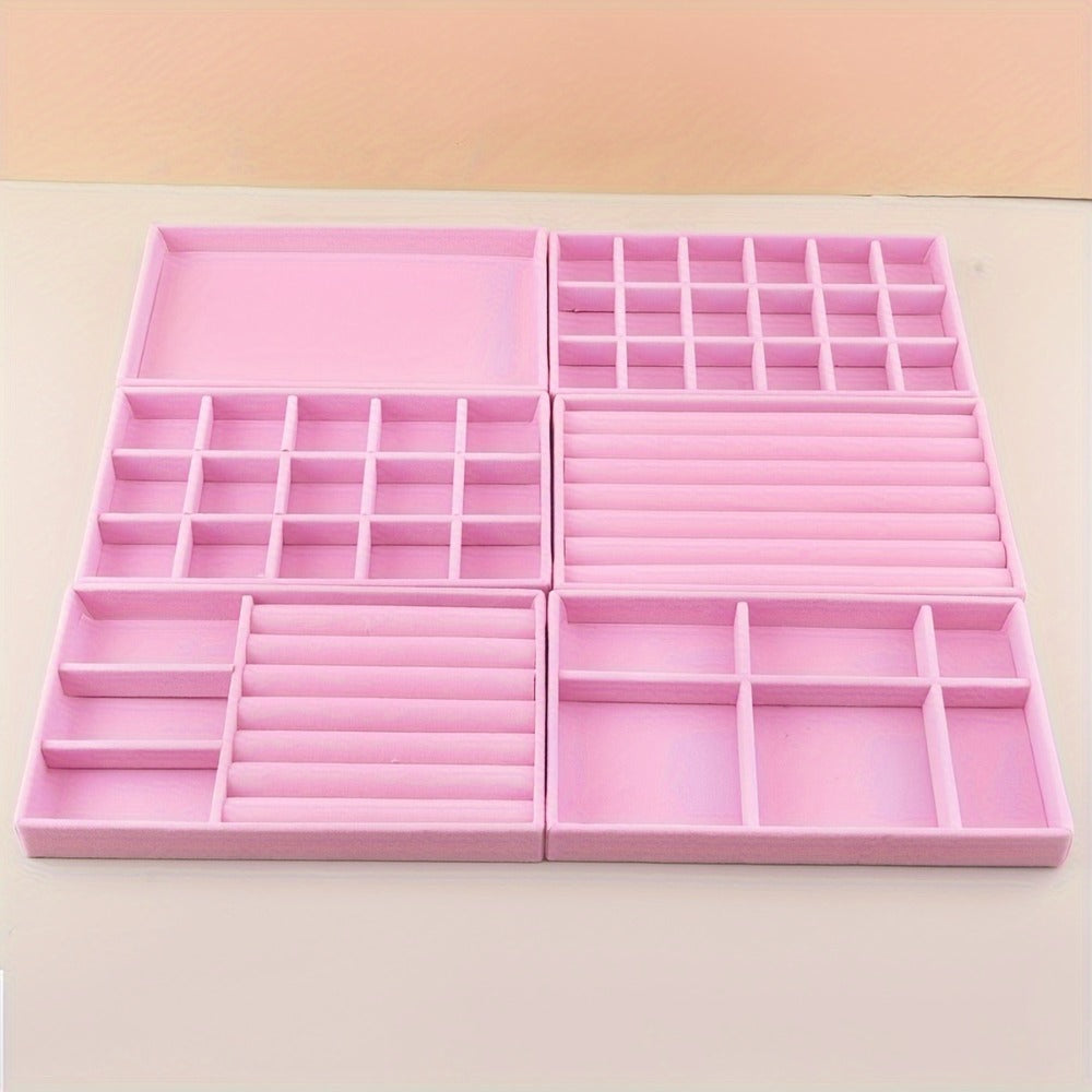 Stackable Jewelry Organizer Trays 6-Piece Set – Rectangular Multi-Compartment Drawer Inserts with Removable Dividers for Earrings, Rings, Necklaces & Bracelets – Tabletop Jewelry Display Case Storage