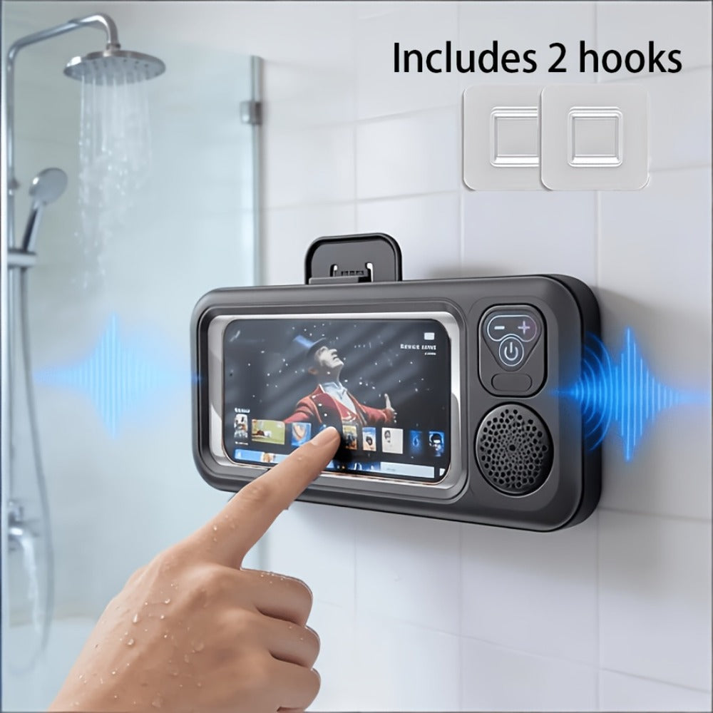 Shower Phone Holder Wall Mount with Bluetooth Speaker – 360° Rotating Waterproof Touchscreen Bathroom Phone Stand for iPhone 16 15 14 13 Samsung Galaxy Android – Hands-Free Bathtub Mirror Mount Black Pink White