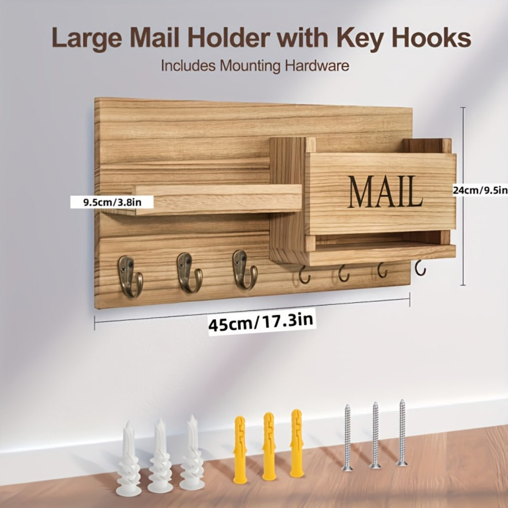 Wall Mounted Storage Rack with Mail Slot – Rustic Wood Floating Shelf with Hooks for Keys, Hats & Envelopes, Decorative Organizer for Entryway, Porch, Bedroom, Bathroom & Living Room