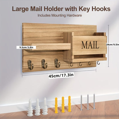Wall Mounted Storage Rack with Mail Slot – Rustic Wood Floating Shelf with Hooks for Keys, Hats & Envelopes, Decorative Organizer for Entryway, Porch, Bedroom, Bathroom & Living Room