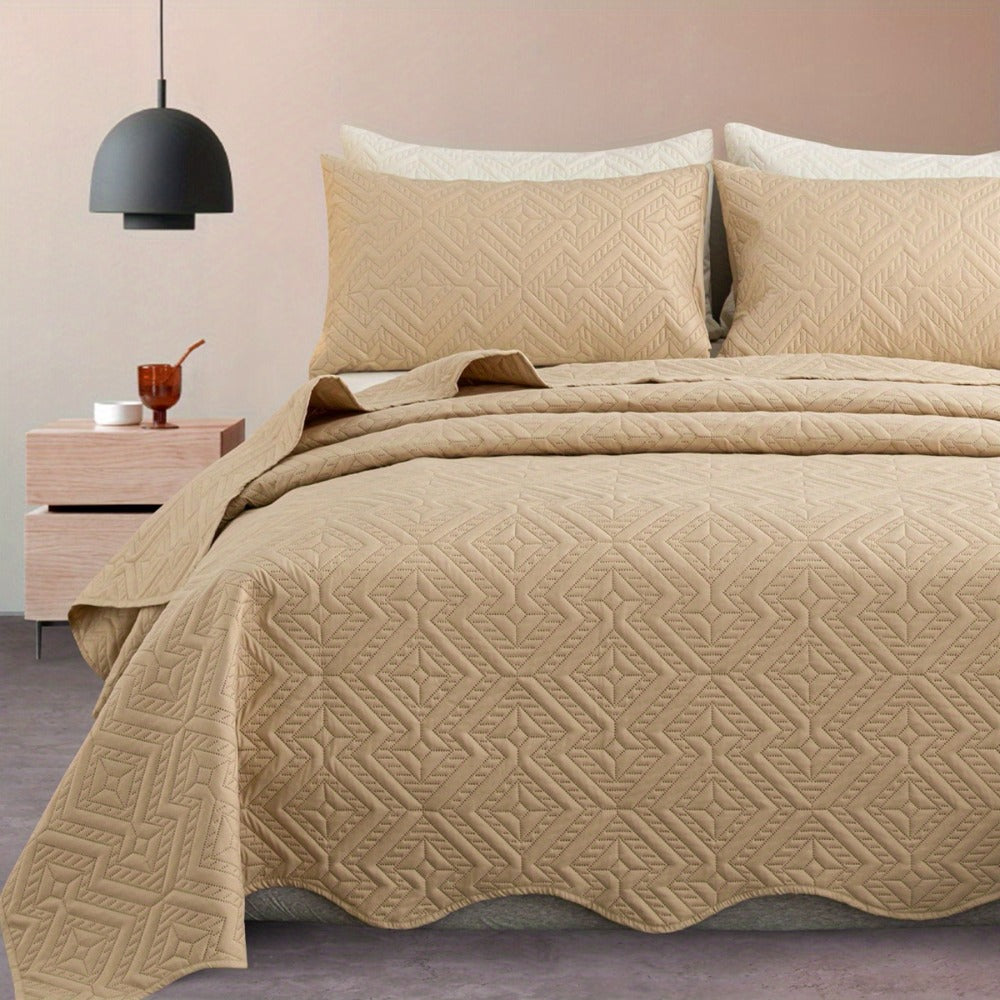 Rhombus-Pattern Three-Piece Bedspread Set in Khaki, Matcha, Blue and Grey with Twin to King Sizes