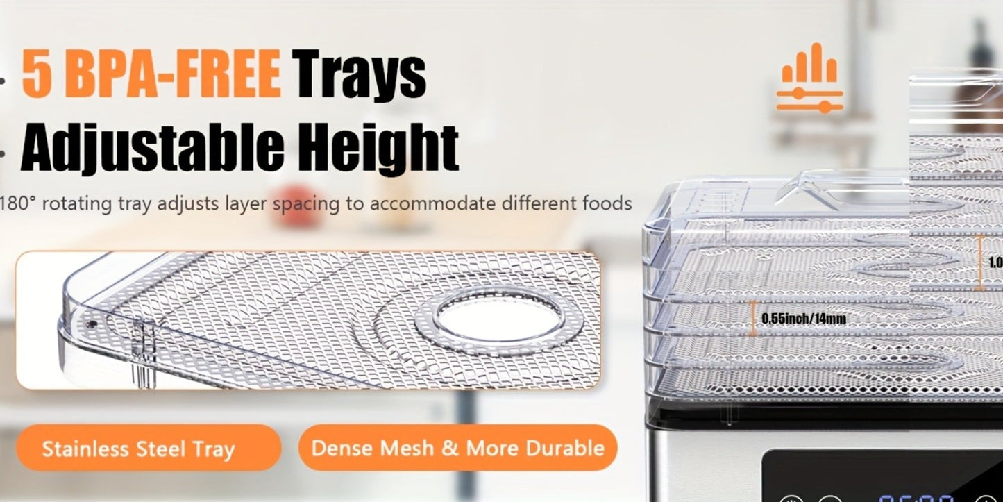 Five-Tray Digital Food Dehydrator with 420W Heating, 48-Hour Timer and 95–160°F Temperature Range