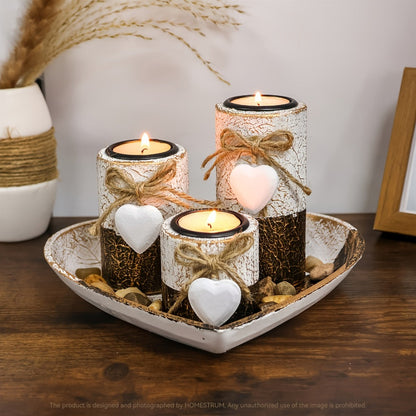 Wooden Candle Holder Set of 4 – Love Heart Tray, Tea Light Holder, Knot Bow Decoration & Decorative Stone Bowl for Home Decor, Valentine's Day, Christmas & Easter Gift