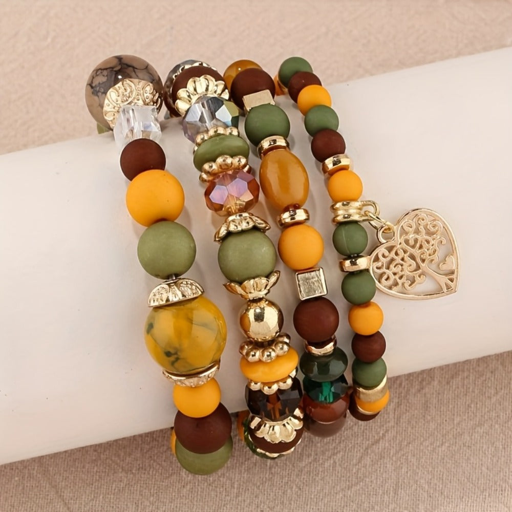Bracelet Set, 24-Piece Assorted Wood-Bead Elastic Stack with Tassels and Pendant-Style Accents